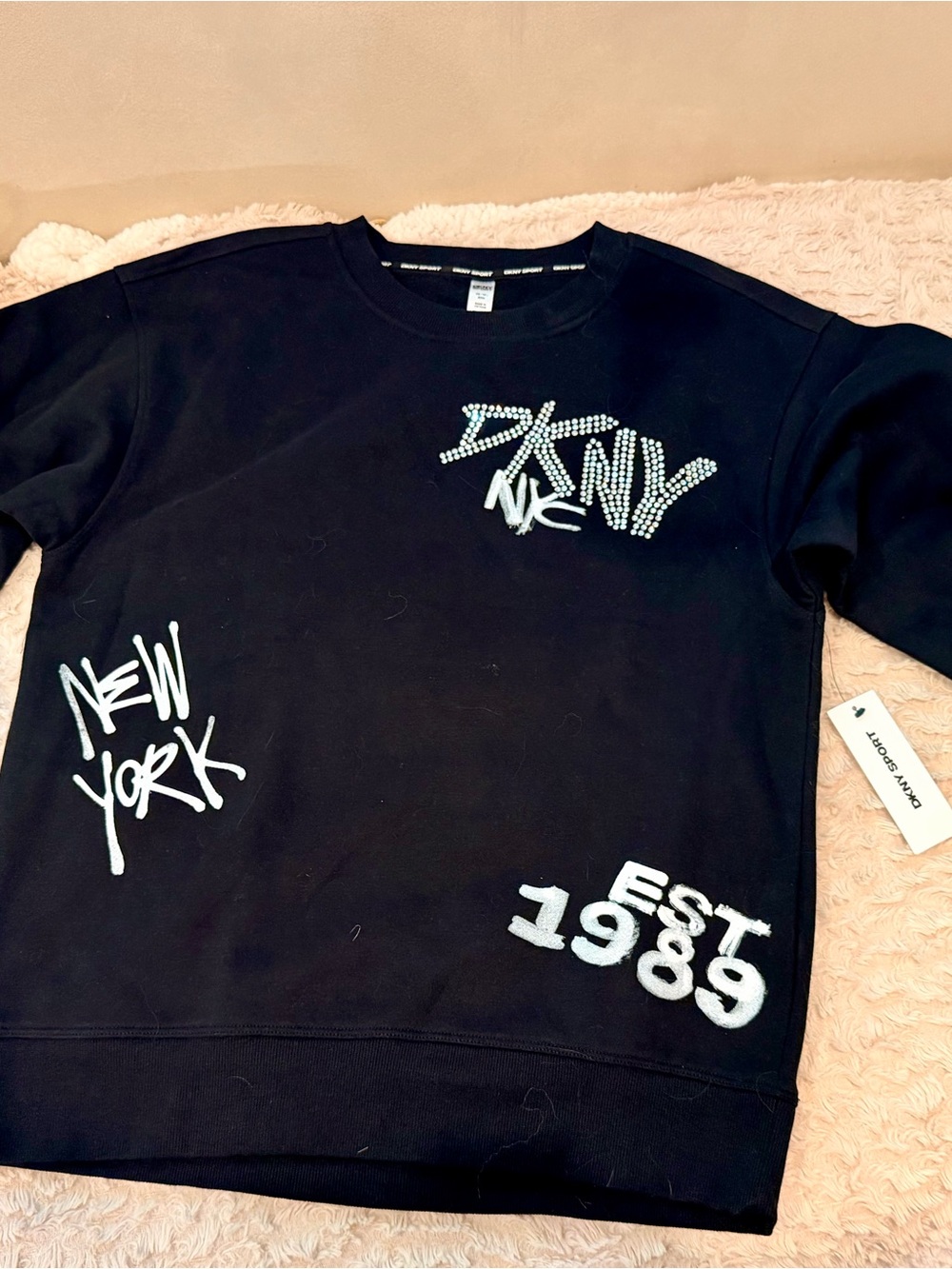 DKNY Black Crewneck Sweatshirt with White Graphic Logos, NWT